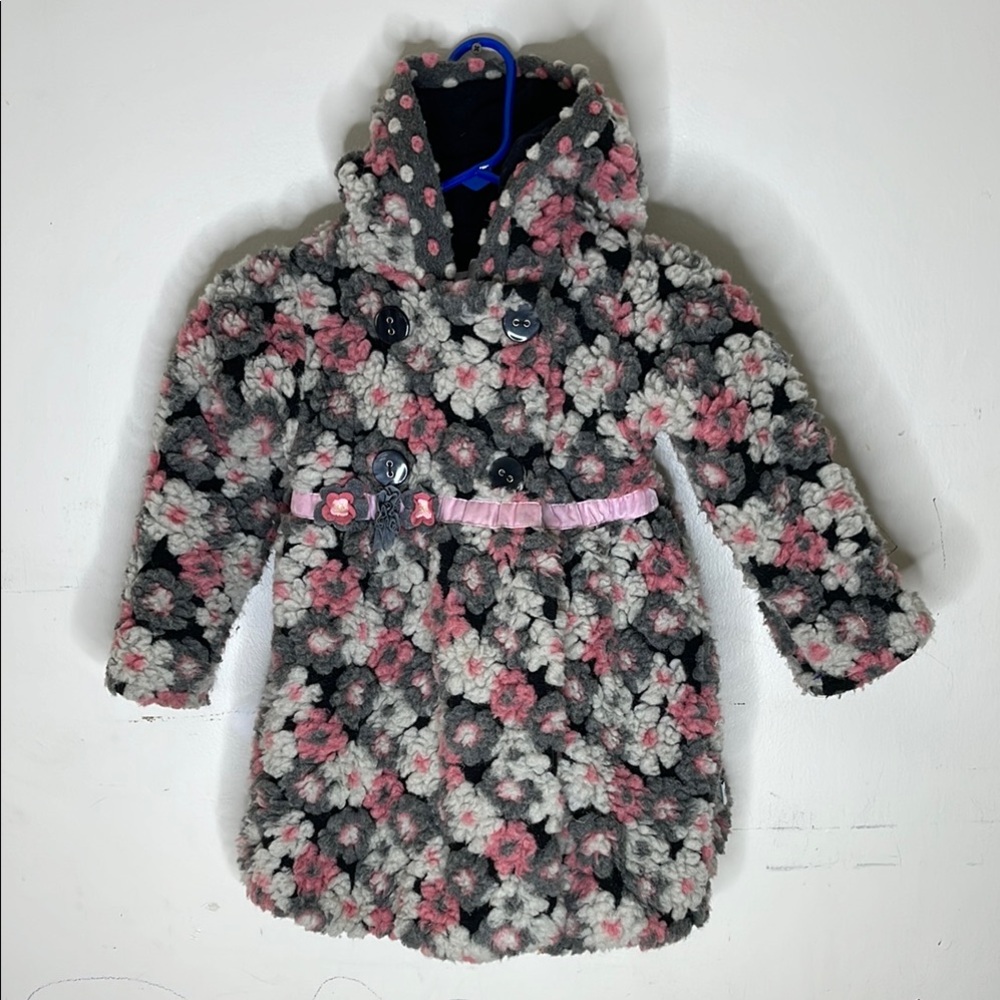 CORKY & COMPANY Floral Kids Coat - Pink and Black Fuzzy and Warm Size 4T